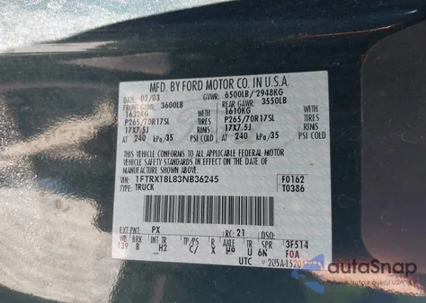 2003 Ford F-150 Lariat/Xl/Xlt z USA, uszkodzony, nr VIN 1FTRX18L83NB36245